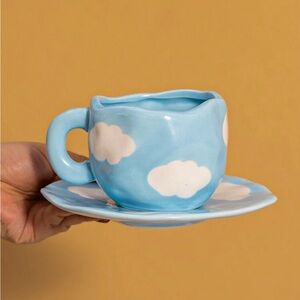 1PC Blue Shaped Mug With White Cloud Pattern And Matching Plate,High Temperature